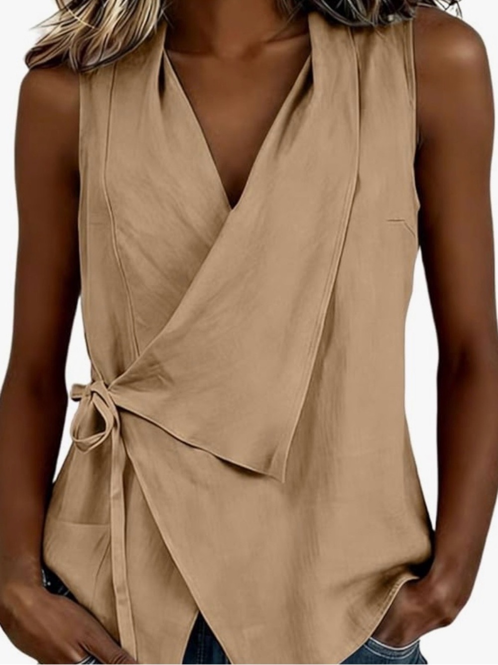 Sleeveless Wrap-Front Women's Top in Tan
